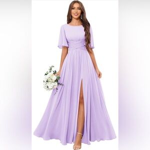 Elegant Lavender Maxi Dress with Flutter Sleeves and Front Slit